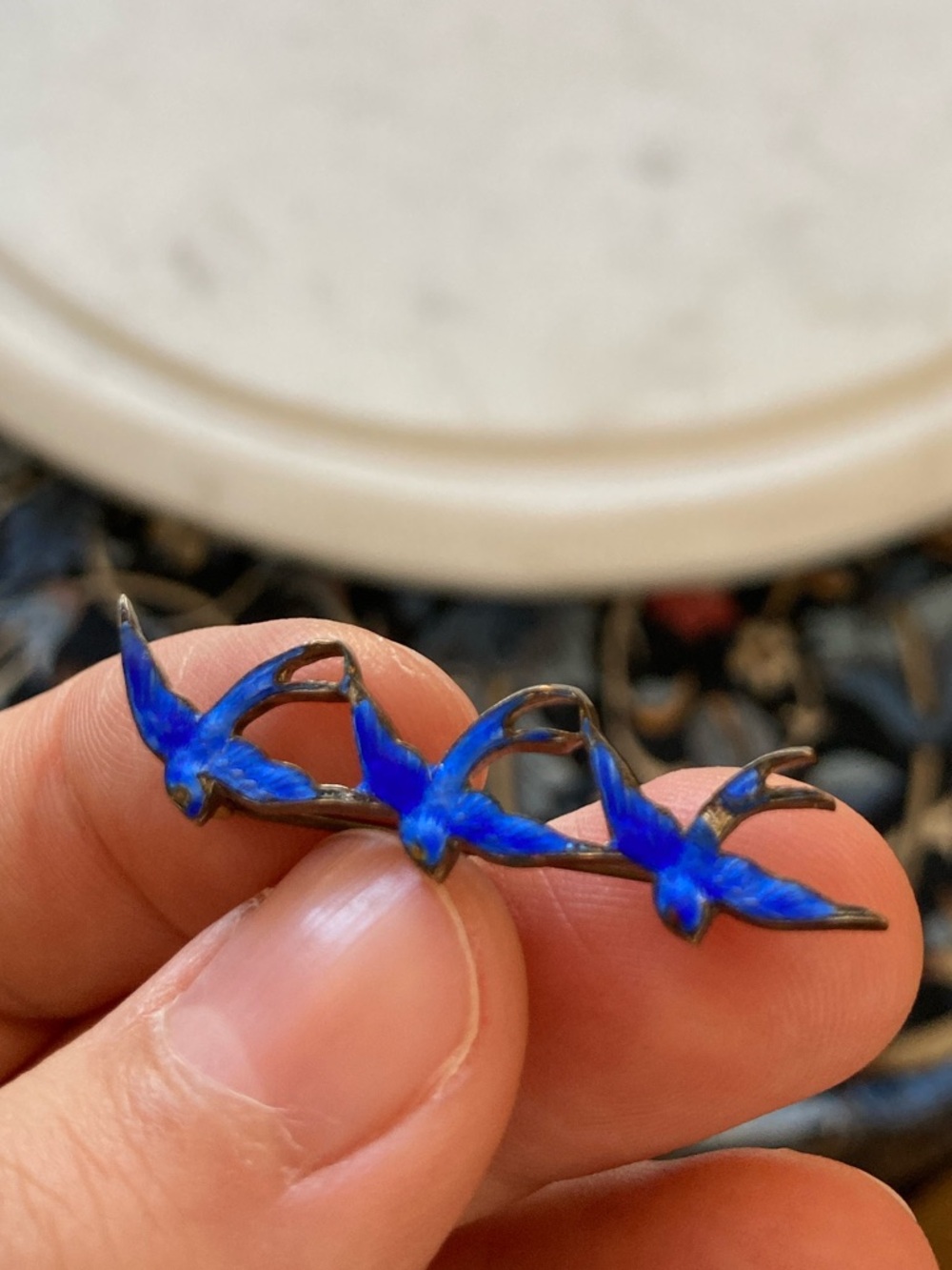 Antique Victorian Guilloche Enamel Triple Swallows Brooch